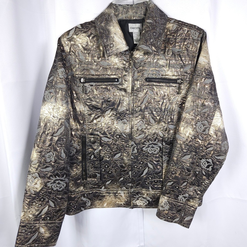 Chico's‎ Full Zip Metallic Gold Gray Floral Jacket Women's 1/8 Pockets